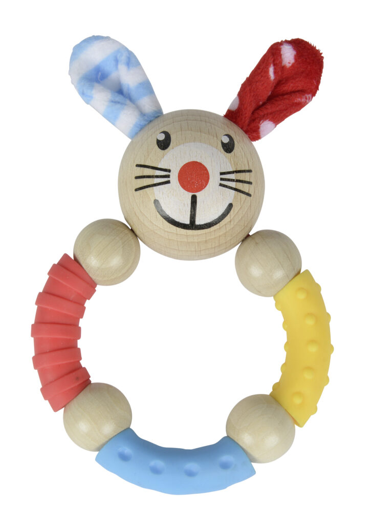 The wooden bunny rattle with soft ears