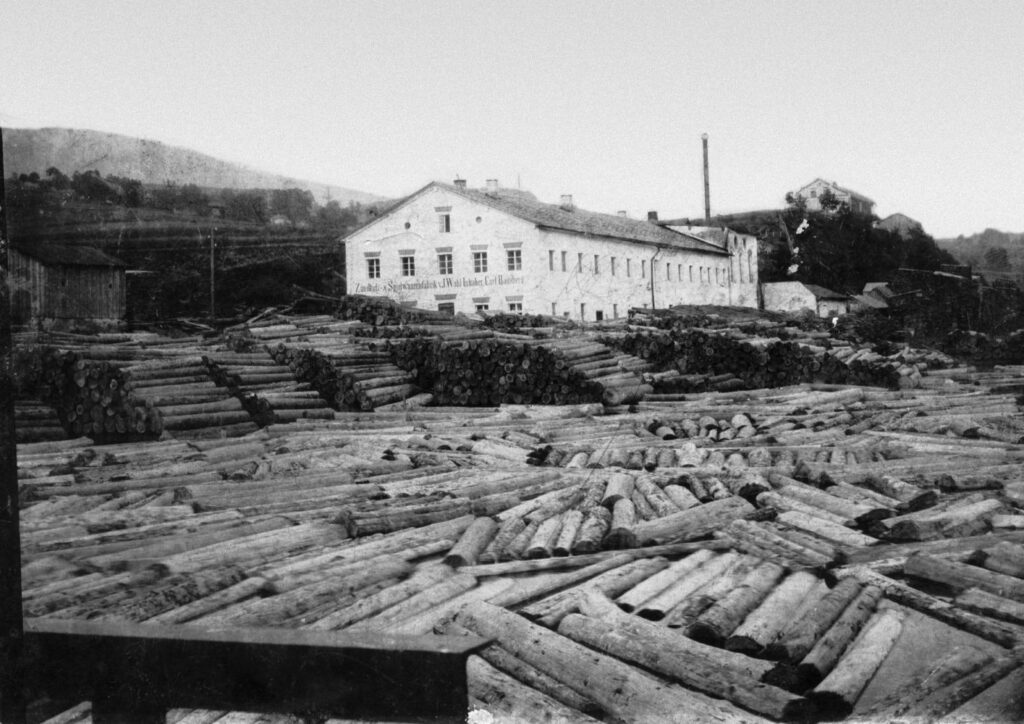 Wooden Toys factory from 1895, black and white picture.
